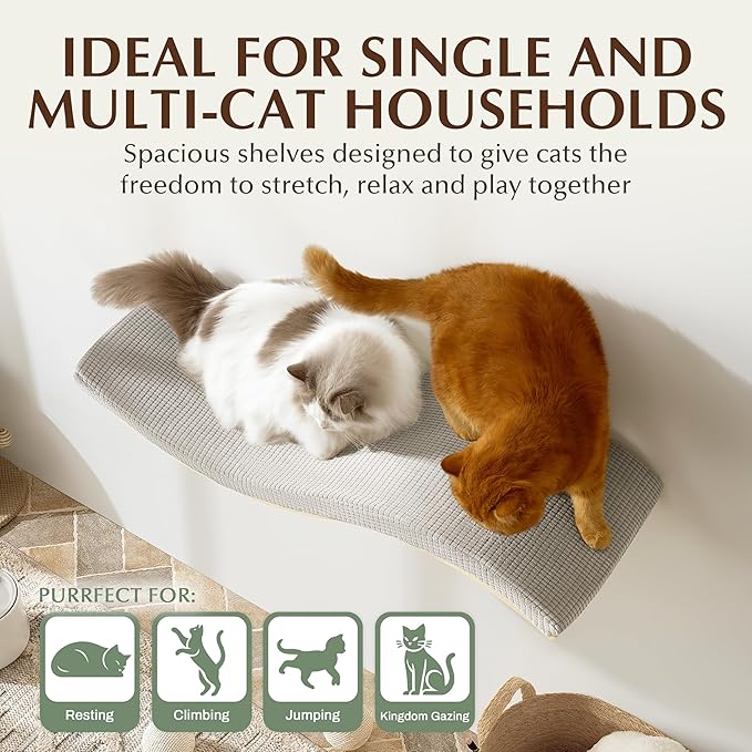 Extra Large 35.4” × 11.6” Stylish Cat Wall Shelves with Soft Cushion, Modern Wall-Mounted Cat Tree Furniture & Perch, Sturdy/Hidden Mounts, Machine Wash Cover, Sleek Design- CALLICO HAVEN Wave S-Shape-PurrikoPets