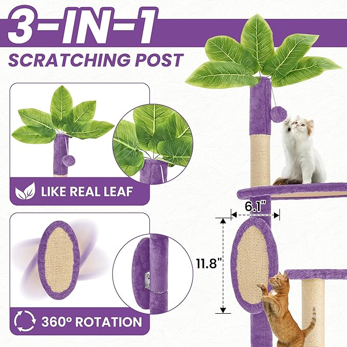 55 Inch Large Cat Tree Tower for Indoor Cats with Hammock Green Leaves Sisal Scratching Post, Plush Hang Ball Play Furniture for Kittens & Adult Cats, New Purple-PurrikoPets