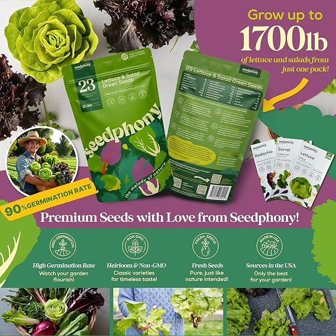 23 Lettuce & Salad Greens Seeds Variety Pack - 25,000+ Non-GMO Heirloom Greens Seeds for Planting Lettuce Indoor & Outdoor: Arugula, Mizuna, Kale, Spinach, Swiss Chard, Mache & More Lettuce Seeds-PurrikoPets
