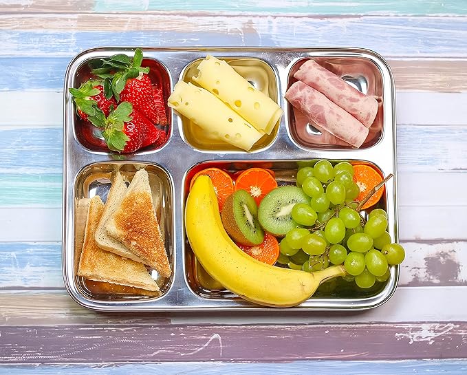 Extra Large Premium Stainless Steel Dinner Plates, 5 Compartments, Set of 2 | Eco Friendly Dinnerwear for Camping, Portion Control, Meal Prep, Lunch, and Party-PurrikoPets