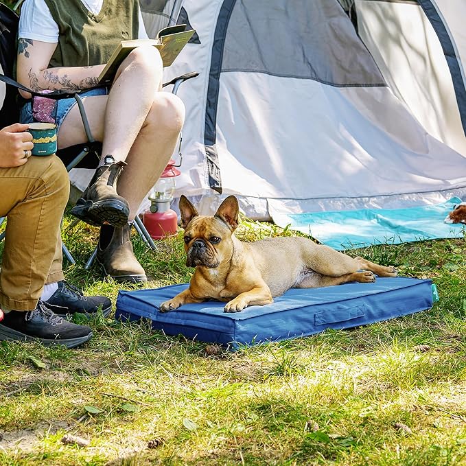 FurHaven Cooling Dog Bed – Medium Foam Mattress for Joint Pain Relief, Waterproof Liner, Removable Washable Cover, Durable for Outdoor Use, Deluxe Grid Indoor/Outdoor Bed – Blue, Medium-PurrikoPets