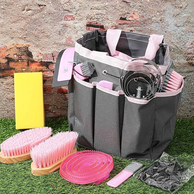 Abbylike 12 Pieces Horse Grooming Kit with Organizer Tote Bag Tack Room Supplies Horse Brush Sets Equine Care Cleaning Kit Shedding Grooming Massaging Tools(Pink and Grey)-PurrikoPets