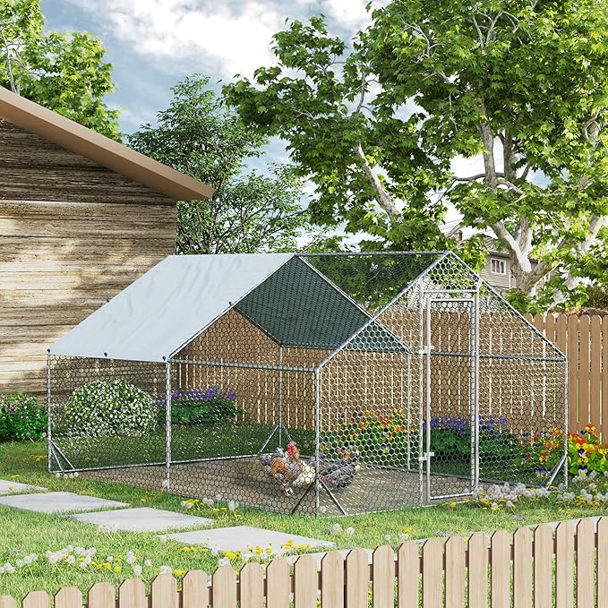 4ever2buy Large Metal Chicken Coop with Run Walk-in Poultry Cage Chicken Runs House Pen Cage Spire Roofed Chicken Coops with Anti-Ultraviolet Cover for Outdoor Yard Farm Use 9.8’L x 13.1’W x 6.4’H-PurrikoPets