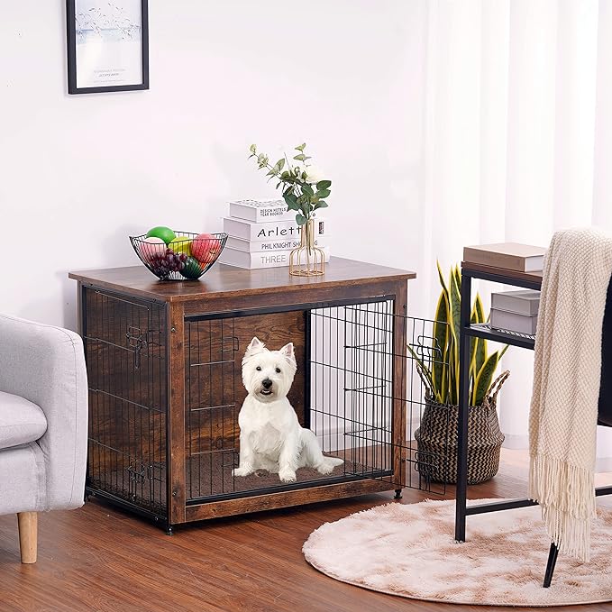 DWANTON Dog Crate Furniture with Cushion, Wooden Kennel Table with Double Doors, Indoor Dog House, Small/Medium/Large/Extra Large Size, 27.2" L, Rustic Brown-PurrikoPets