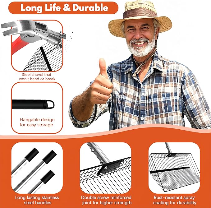 15inch Large Chicken Poop Scooper, 2 Slot Widths (0.16"&0.28"), 39" to 76" Adjustable Stainless Steel Handle, Sifting Litter Shovel for Chicken Coop/Stables/Farm Cleaning(with Effortless Grip)-PurrikoPets