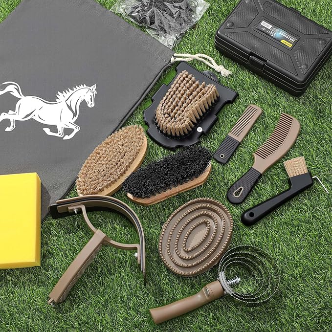 Abbylike 12 Pieces Horse Grooming Kit Racing Festival Tack Room Supplies Horse Brush Sets Equine Care Cleaning Kit Shedding Grooming Massaging Tools(Dark Gray)-PurrikoPets