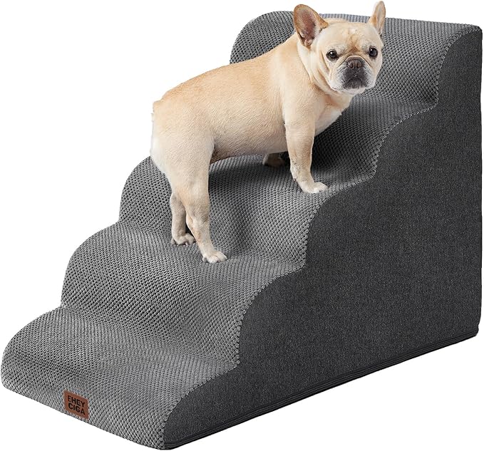 EHEYCIGA Curved Dog Stairs Ramp for High Beds, 5-Step Extra Wide Dog Steps for Small Dogs and Cats, Pet Stairs for High Bed Climbing, Non-Slip Balanced Pet Step Indoor, Grey-PurrikoPets