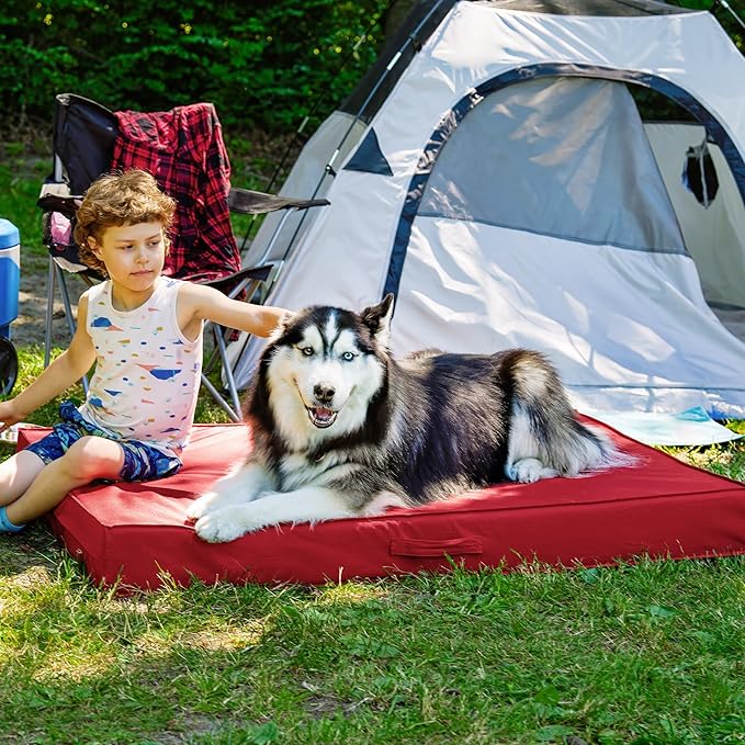 FurHaven Cooling Dog Bed – XXL Foam Mattress for Joint Pain Relief, Waterproof Liner, Removable Washable Cover, Durable for Outdoor Use, Deluxe Grid Indoor/Outdoor Bed – Red, Jumbo Plus-PurrikoPets