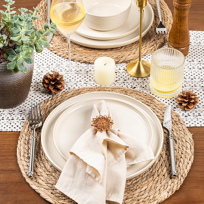 GBHOME Ceramic Dinnerware Sets for 4, 12 Pieces Stoneware Plates and Bowls Sets, Scratch Resistant Dishes, Dishwasher & Microwave Safe, Reactive Glaze-Vanilla color-PurrikoPets