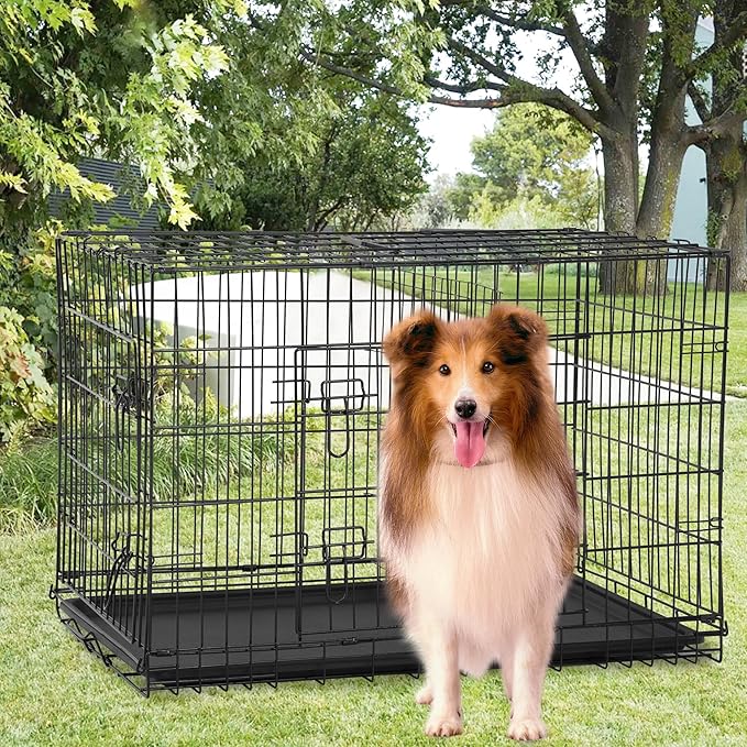 FDW Extra Large Dog Crate Dog Kennel Cage with Double Door,48 inch Folding Metal Wire Dog Cage with Removable Tray&Divider Panel,Pet Crate for Large Dogs,Black-PurrikoPets