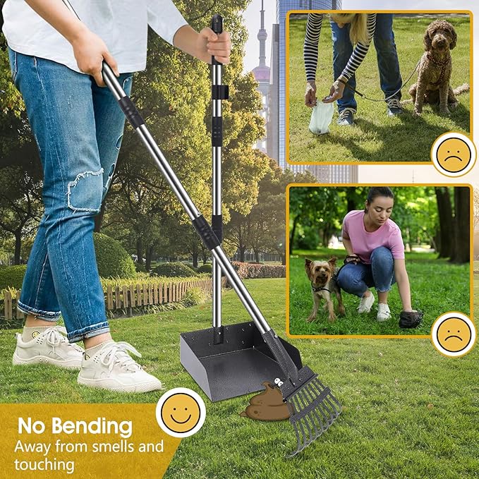 Dog Pooper Scooper, 20L Large Dog Poop Trash Can Outside with Removable Inner Bucket, Poop Trash Can for dog Outdoors with 90 Waste Bags, 37inch Long Handle Stainless Metal Tray & Rake-PurrikoPets