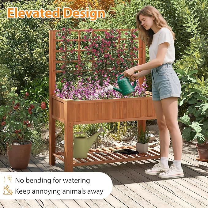 Giantex Raised Garden Bed with Trellis, Wooden Elevated Planter Box with Legs, Drainage Holes for Climbing Plants Vines Vegetables Flowers Herbs, Outdoor Horticulture Planter for Patio Yard (Brown)-PurrikoPets