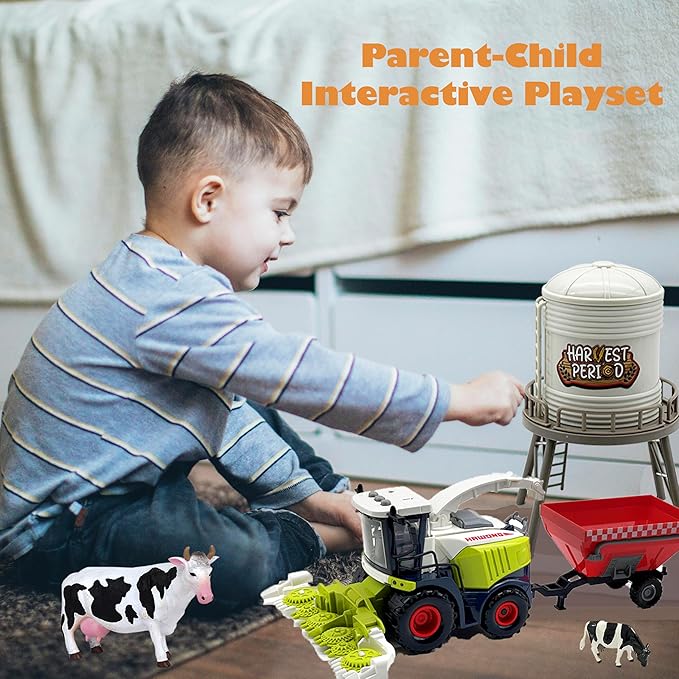 Farm Animals Toys Set Barn Toy Combine Harvester Tractor with Trailer Horse Stable Grain Bins Horse Cow Farmer Figures Fence Playset for Kids Toddlers Boy Girl 3-7 Years Old-PurrikoPets
