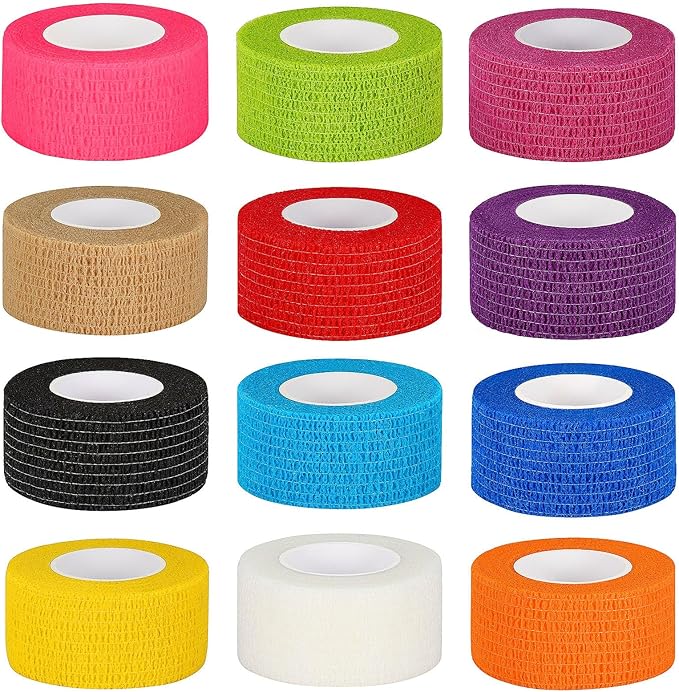 12 Pack Self Adhesive Bandage Wrap 1 Inch Cohesive Bandage Self Adherent Vet Wrap for Dog Pets Elastic Bandage Finger Tape Self Stick Wrap for First Aid Sports Athletic Tape (Mixed Colors)-PurrikoPets