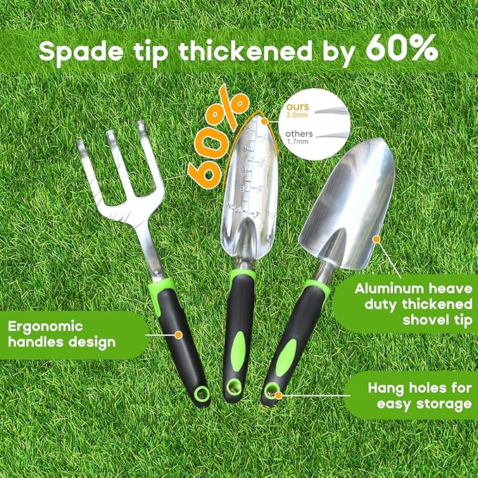 Garden Tool Set, 3 Pack Aluminum Heavy Duty Gardening Kit Includes Hand Trowel, Transplant Trowel and Cultivator Hand Rake with Soft Rubberized Non-Slip Ergonomic Handle, Garden Gifts-PurrikoPets