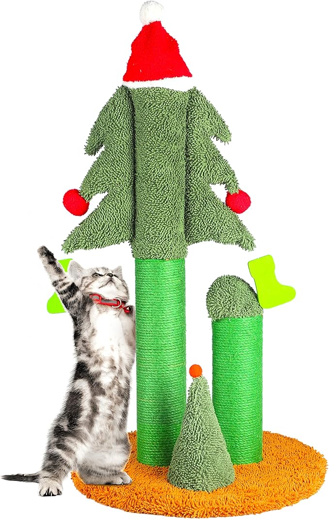 32” Cat Scratching Post, Tall Christmas Tree Cat Scratcher with 3 Posts and Cute Dangling Teaser Balls, Natural Sisal Rope Cat Toys for Kitty and Adult Cats-PurrikoPets