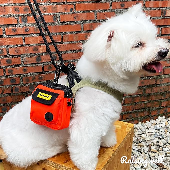 Dog Treat Pouch for Pet Walking and Training with Clicker Poop Bags, and Three Bags Design Small Fanny Zipper Pack Holder for Puppy Snack Dispenser Kit for Leash and Outdoor Use (Orange)-PurrikoPets