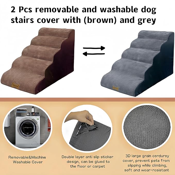 Dog Stairs & Pet Ramp for Small/Large Dogs to High Beds/Couches - 5 Steps 24-inch Height for 18-30 inch Furniture, 2 Washable Covers (Brown, Grey), Non-Slip Balanced 33D Design for Old Dogs & Cats-PurrikoPets