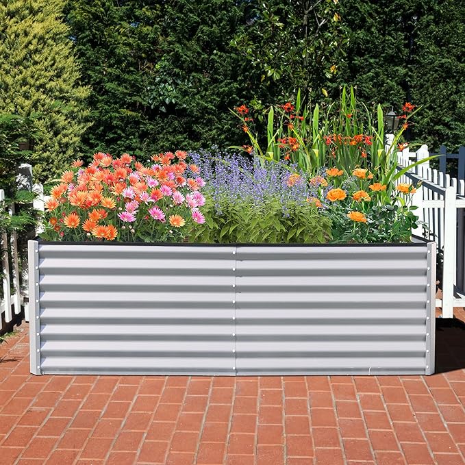 Domi Raised Garden Beds Outdoor, 8x4x2ft Thickening Tall Metal Rectangular Deep Root Box Planter for Vegetables, Flowers, Herbs, and Succulents 2" Deep w/ 456 Gallon Capacity - Silvery-PurrikoPets