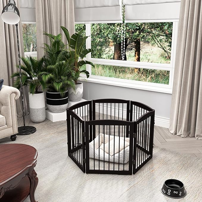 Freestanding Pet Gate for Dogs, Foldable Wooden Dog Gate for House, Extra Wide Indoor Pet Barrier for Stair, Doorway, Hall, Support Feet Included, 120 Inch Wide, 6 Panels 24", Brown-PurrikoPets