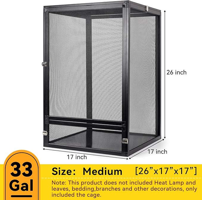33 Gallon 360° Panoramic Foldable Reptile Terrarium Kit: Crested Gecko Tank and Reptile Cage for Superior Ventilation, Easy Feeding, Sturdiness, and Simple Assembly (Black, 26"x17"x17")-PurrikoPets