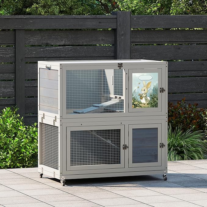 2-Story Wooden Rabbit Hutch for Outdoor & Indoor, Bunny Cage Rabbit House with Wheels, Trays, Ramp, Pet Home for Guinea Pigs, Chickens, Chicken Coop, Gray with Colorful Patterns-PurrikoPets