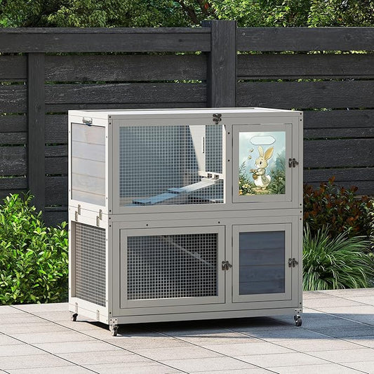 2-Story Wooden Rabbit Hutch for Outdoor & Indoor, Bunny Cage Rabbit House with Wheels, Trays, Ramp, Pet Home for Guinea Pigs, Chickens, Chicken Coop, Gray with Colorful Patterns-PurrikoPets
