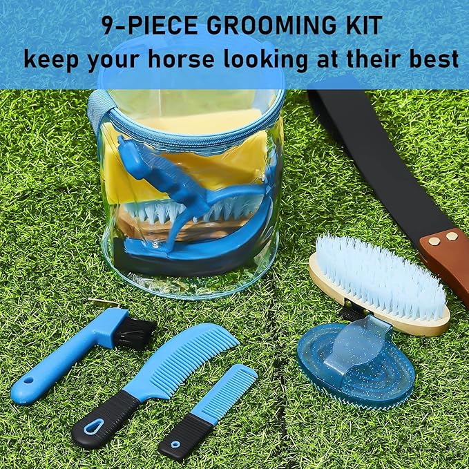9 Pieces Horse Grooming Kit Tack Room Supplies Set with Organizer Tote Bag, Oval Massage Curry, Hard and Soft Brush, Hoof Pick, Sweat Scraper, Bathing Sponge, Combs for Horse Riders Beginners (Blue)-PurrikoPets