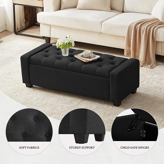 48" Ottoman with Storage, Black Storage Ottoman Bench with Safety Hinge, Upholstered Entryway Bench with Seating for Bedroom, Living Room, Holds up to 330 lb-PurrikoPets