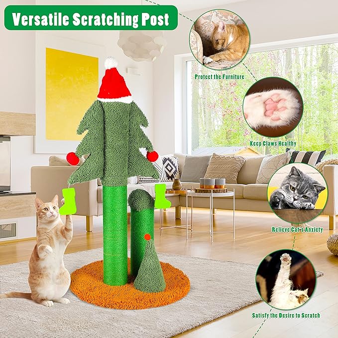 32” Cat Scratching Post, Tall Christmas Tree Cat Scratcher with 3 Posts and Cute Dangling Teaser Balls, Natural Sisal Rope Cat Toys for Kitty and Adult Cats-PurrikoPets