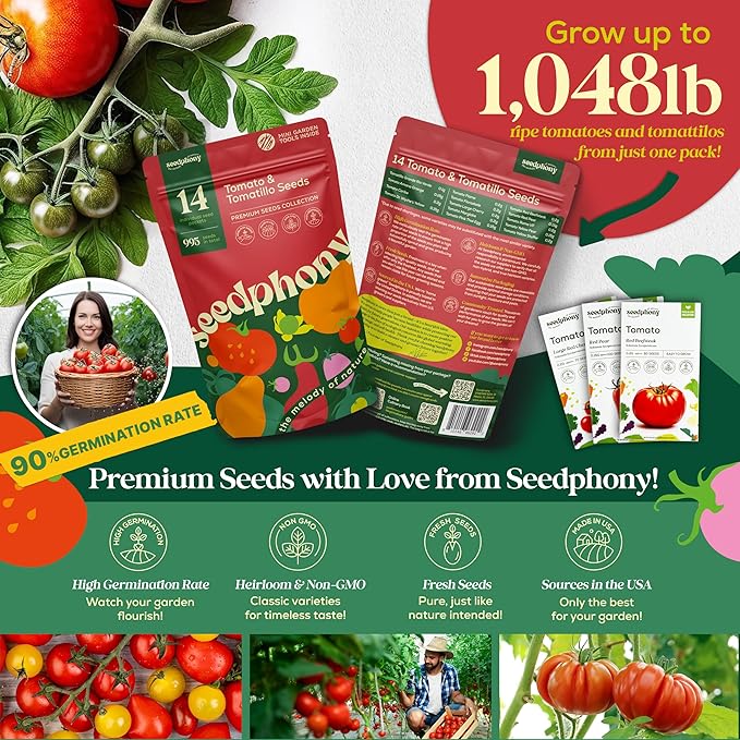 14 Tomatillo & Tomato Seeds for Planting Variety Pack - 990+ Non-GMO Heirloom Vegetable Seeds for Growing Tomato Indoor & Outdoor: Cape Gooseberry, Cherry, Flame, Roma, Beefsteak Tomatoes-PurrikoPets