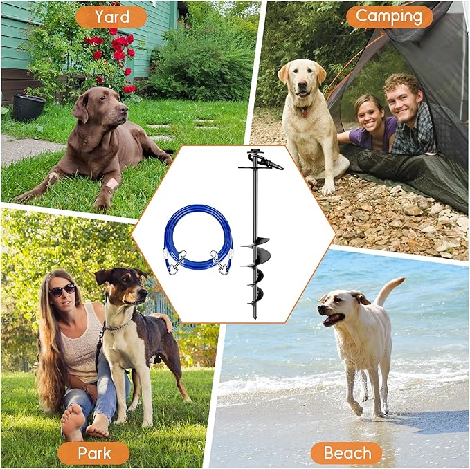 Dog Tie Out Stake, Heavy Duty 360°Swivel Dog Outside Lead Cable, Screw in Spike Auger Ground Stake Anchors with Power Nut Drill Bit, T Wrench and Leash, for Yard Camping Beach-PurrikoPets