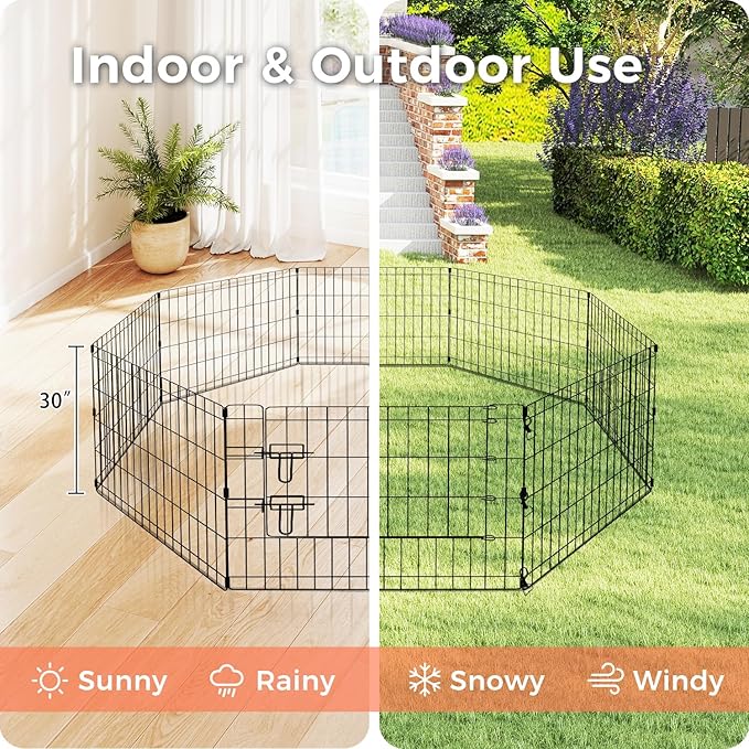 Foldable Dog Playpen 30" Height 8 Panels Metal Exercise Pen with Door - Indoor/Outdoor Puppy Playpen for Small Dogs, Portable Pet Fence for Yard Garden Camping, Black-PurrikoPets