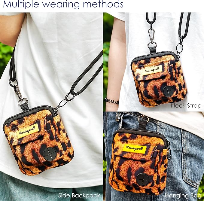 Dog Treat Pouch for Pet Walking and Training with Clicker Poop Bags and Double Bag Design Small Fanny Zipper Pack Holder for Puppy Snack Dispenser Kit for Leash and Outdoor Use Leopard Print-PurrikoPets