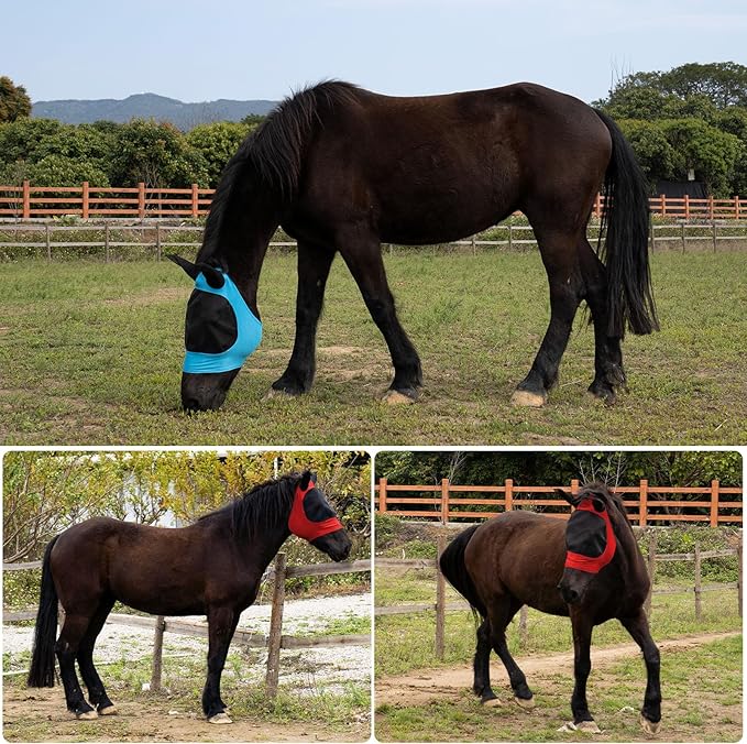 2 Piece Horse Fly Mask with Ears, Comfortable Fit Stretch Fabric Big Eye Space Soft Breathable with UV Protection for Full Horses (Red-Blue)-PurrikoPets