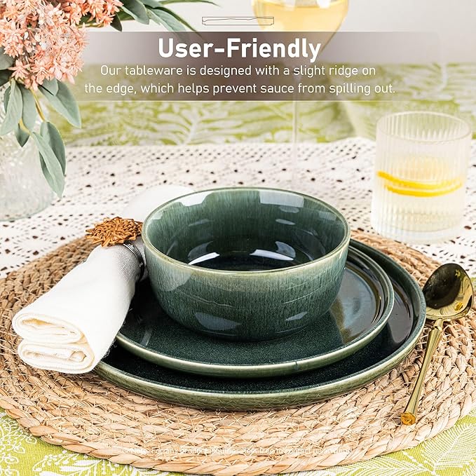 GBHOME Ceramic Dinnerware Sets for 6, 18 Pieces Stoneware Plates and Bowls Sets, Reactive Glaze Dishes -Scratch Resistant, Dishwasher&Microwave Safe, Earth Green-PurrikoPets