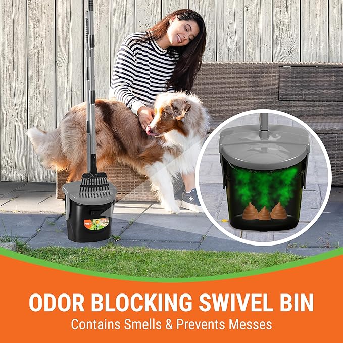 Dog Pooper Scooper with Bag Attachment, 40" Long Handle Pooper Scooper for Large Dogs, Dog Poop Scoop for Yard, Large Capacity Swivel Bin and Rake, Lavender Scented Bags (Grey)-PurrikoPets