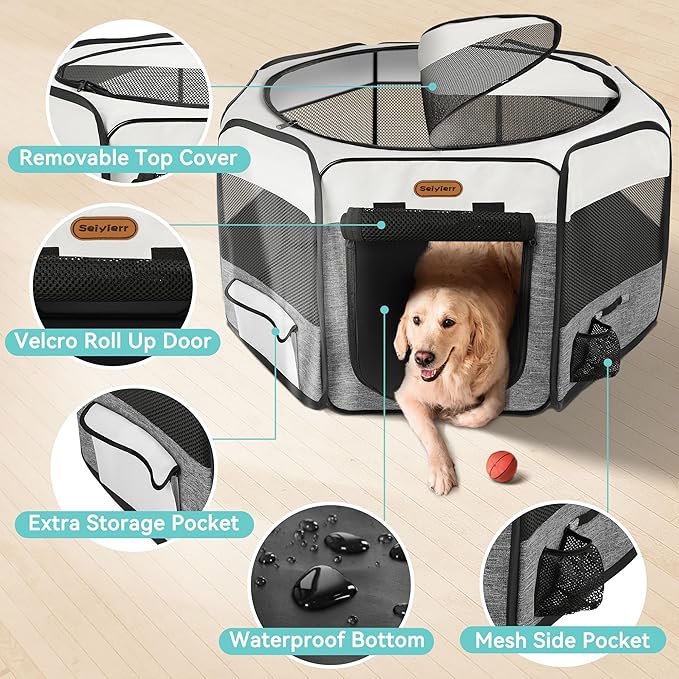 Dog Playpen, Portable Pet Play Pen Foldable Carrying Case, Puppy Pens Outsid for Small Cat Indoor/Outdoor, Removable Mesh Shade Cover-PurrikoPets