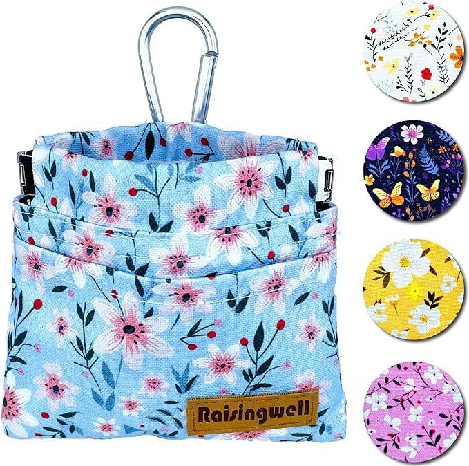 Dog Treat Pouch, Small Cotton Pocket Sized Training Holder, Hand Free Walking Fanny Bag with Carabiner, Self-Closing Pet Feed Snack Reward, Behavior Aids for Puppy Travel or Outdoor Use-PurrikoPets