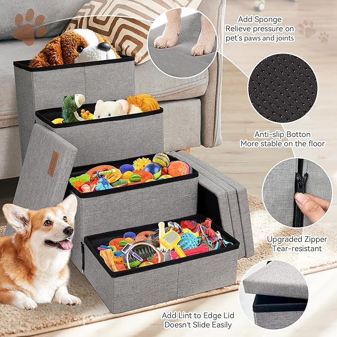 Dog Stairs with Storage 23" H, 4-Step Wider Dog Steps for High Beds Window, Folding Sturdy Pet Stairs Gift for Injured Old Dogs Cats, Ramp for Climbing Car Up to 200 lbs,(Gray, No Condo)-PurrikoPets