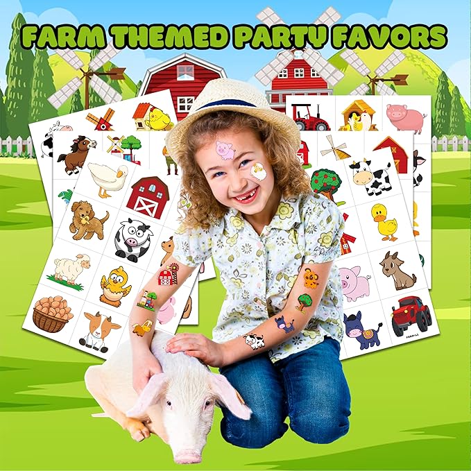 72 PCS Farm Barnyard Animal Pre-Cut Temporary Tattoos Sticker Birthday Decorations Party Supplies Favors Gift Boy Girl Farmhouse Cow Chicken Tattoo School Reward Themed (Normal)-PurrikoPets
