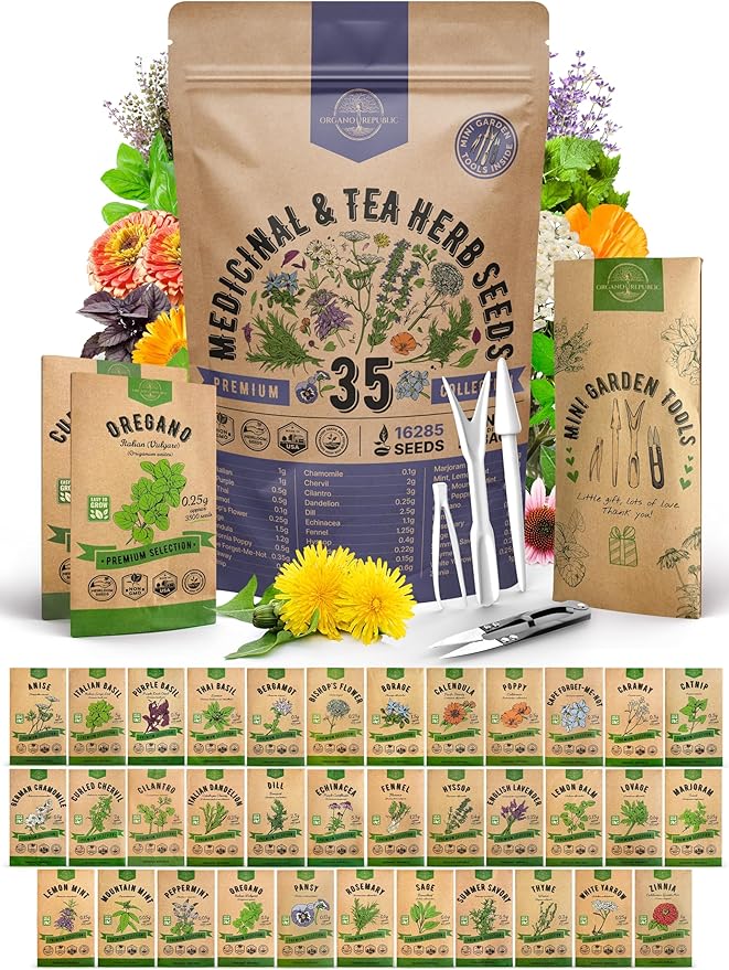 35 Medicinal & Tea Herb Seeds Variety Pack for Indoor & Outdoors. 16,335+ Non-GMO Heirloom Garden Seeds: Anise, Bergamot, Borage, Cilantro, Chamomile, Dandelion, Rosemary Seeds & More-PurrikoPets