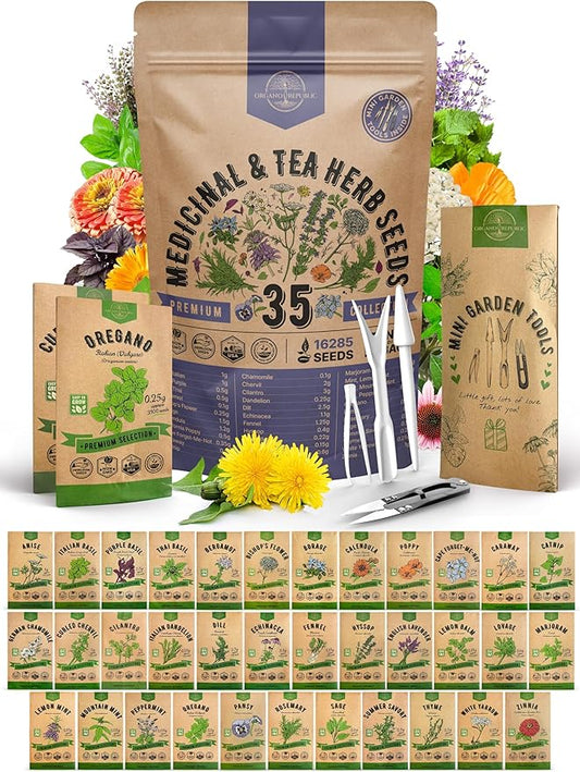 35 Medicinal & Tea Herb Seeds Variety Pack for Indoor & Outdoors. 16,335+ Non-GMO Heirloom Garden Seeds: Anise, Bergamot, Borage, Cilantro, Chamomile, Dandelion, Rosemary Seeds & More-PurrikoPets