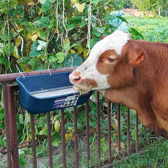 Goovilla Large Feed Trough, Hanging or Screw-in Fence Feeder with Clips, 2 Pack 9 Quart Goat Feeder Supplies, Dog Horse Hog Pig Livestock Poultry Plastic Feeder Trough Bucket for Large Animal, Blue-PurrikoPets