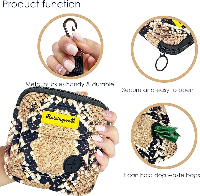 Dog Treat Pouch for Pet Walking and Training with Clicker Poop Bags and Double Bag Design Small Fanny Zipper Pack Holder for Puppy Snack Dispenser Kit for Leash and Outdoor Use Snake Skin-PurrikoPets