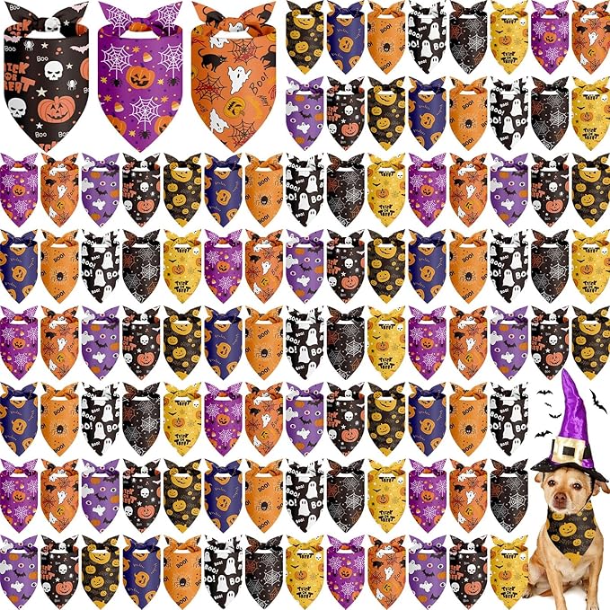 100 Pieces Halloween Dog Bandanas Bulk Pumpkin Ghost Bandanas for Dogs Soft Triangle Bibs Adjustable Triangle for Small Medium Large Pets Halloween Party Costume-PurrikoPets