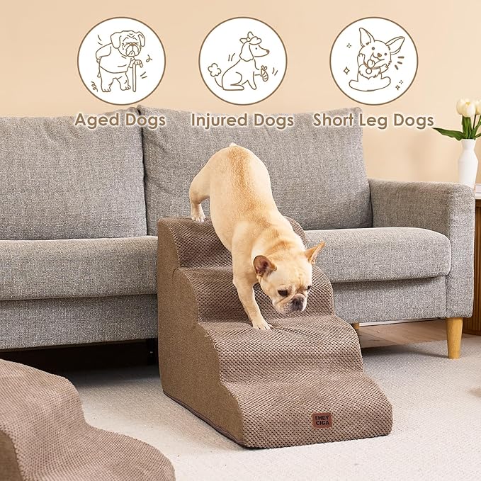 EHEYCIGA Curved Dog Stairs Ramp for High Beds 19.7" H, 4-Step Dog Steps for Small Dogs and Cats, Pet Stairs for High Bed Climbing, Non-Slip Balanced Pet Step Indoor, Camel-PurrikoPets
