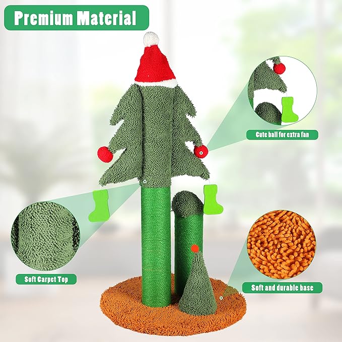 32” Cat Scratching Post, Tall Christmas Tree Cat Scratcher with 3 Posts and Cute Dangling Teaser Balls, Natural Sisal Rope Cat Toys for Kitty and Adult Cats-PurrikoPets