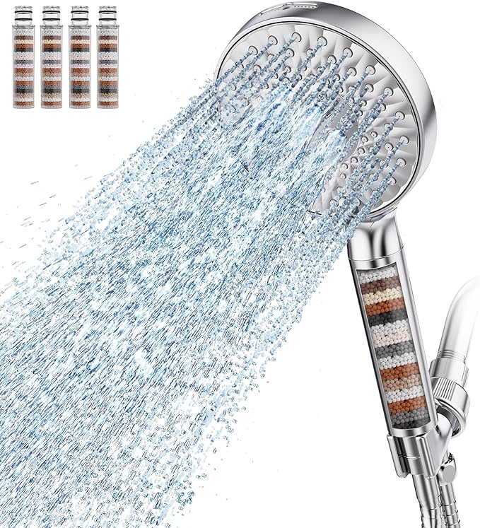 Filtered Shower Head with Handheld, High Pressure 9 Spray Mode Chrome Showerhead with 4 Filters, Detachable Shower Head, Water Softener Filters Beads for Hard Water - Remove Chlorine-PurrikoPets