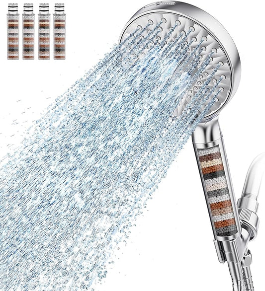 Filtered Shower Head with Handheld, High Pressure 9 Spray Mode Chrome Showerhead with 4 Filters, Detachable Shower Head, Water Softener Filters Beads for Hard Water - Remove Chlorine-PurrikoPets